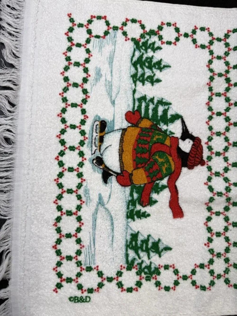 Vintage Kitchen Towel Christmas Ice Skating Penguin Cotton Dish Towel